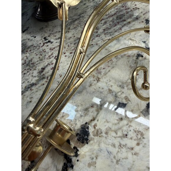 Pair VTG Gold Brass Wall Candle Holders Sconces Leaf scroll Hollywood Regency - Picture 2 of 13